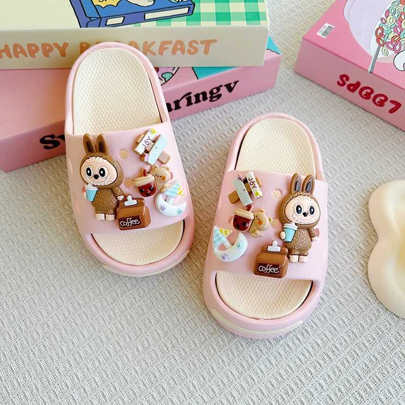 New Popular Cartoon Coffee Labubu Versatile Eva Slippers for Boys and Girls Fashionable Double Soft-Soled Non-Slip SandalsT250311