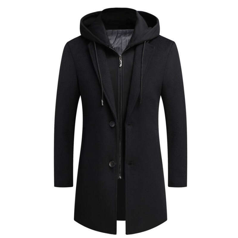 2023 New Korean Casual Woolen Medium Length Detachable Hat Trendy Coat Men's Wear