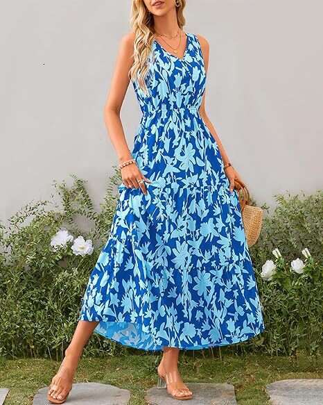 popular European American women's V-neck elastic waist casual sleeveless printed dress 2025 new style chic and elegant clothing