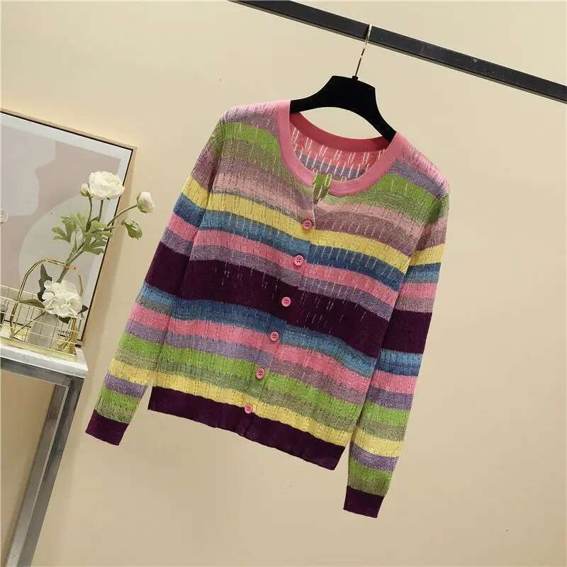 Rainbow Striped V-Neck Knitted Casual Chic Long Sleeve Women's Single Breasted Sweater Cardigan For Women Clothing