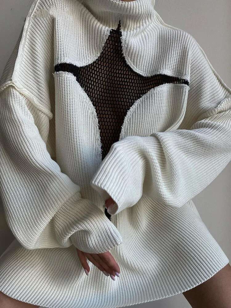 Eshin Solid Color Stand Collar Long Sleeve Hollow Out Loose Waist Knitting Sweater For Women 2024 Spring Fashion New Wear Th6354