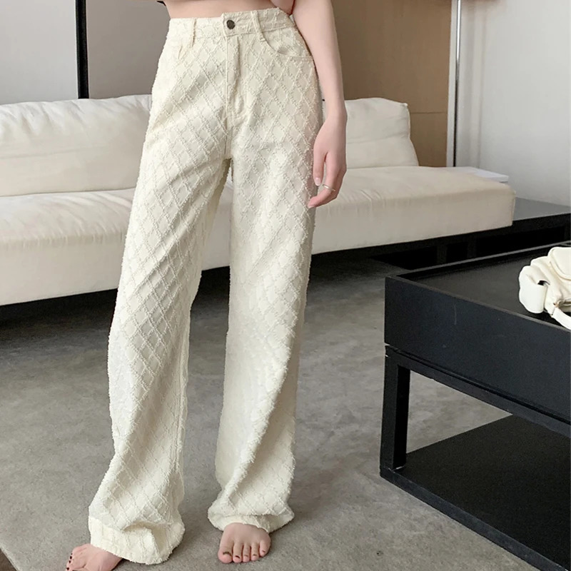 White high waisted diamond checkered womens jeans spring jacquard wide leg pants 250306