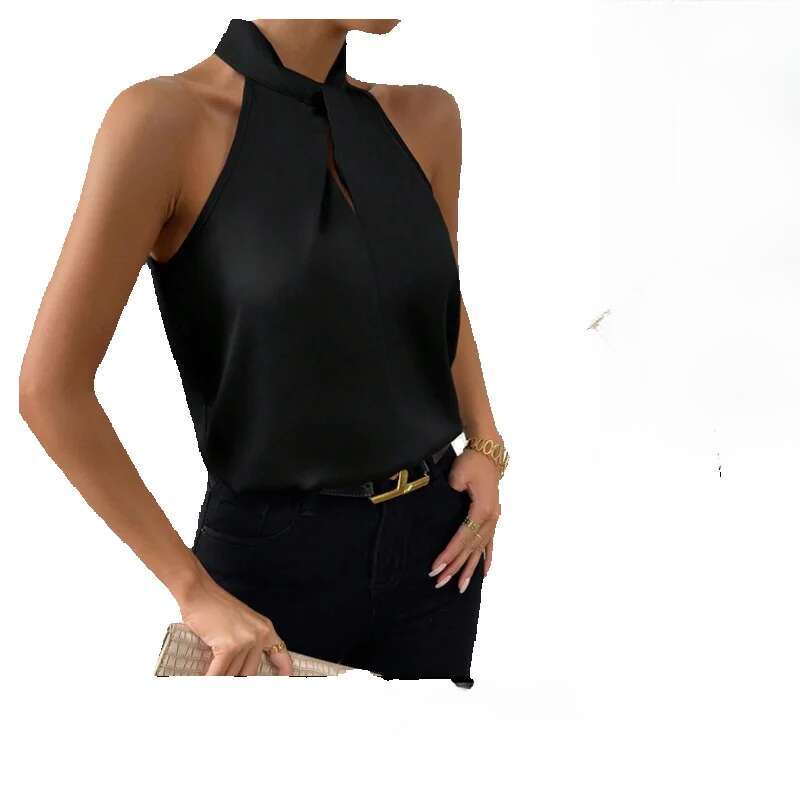 2025 Summer New Womens Colored Ding Hanging Neck Sleeveless Vest Satin Imitation Silk Top Slim Crop Top Casual Casual Slim Streetwear Womens T Shirt C