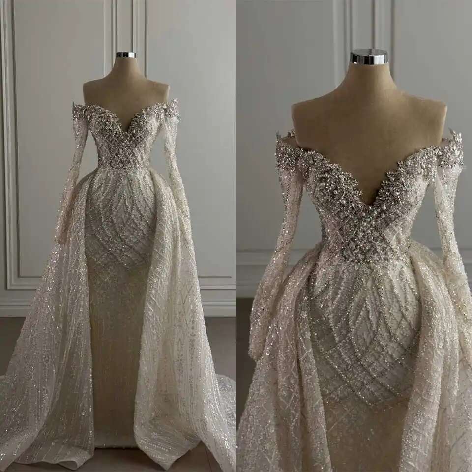 Elegant Crystal Mermaid Wedding Dresses Exquisite V-neck Applique Train Detachable Custom Bridal Dress