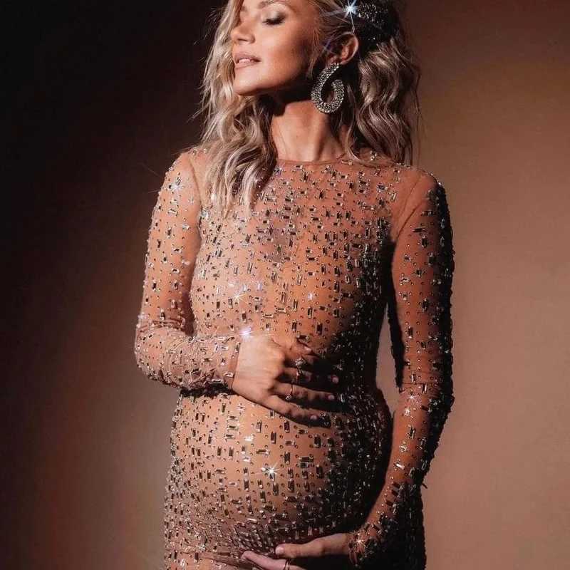 New Transparent Maternity Photography Gowns Sparkling Rhinestone Elastic Mesh Fashion Sexy Dress Pregnant Women For Photo Shoot X250224