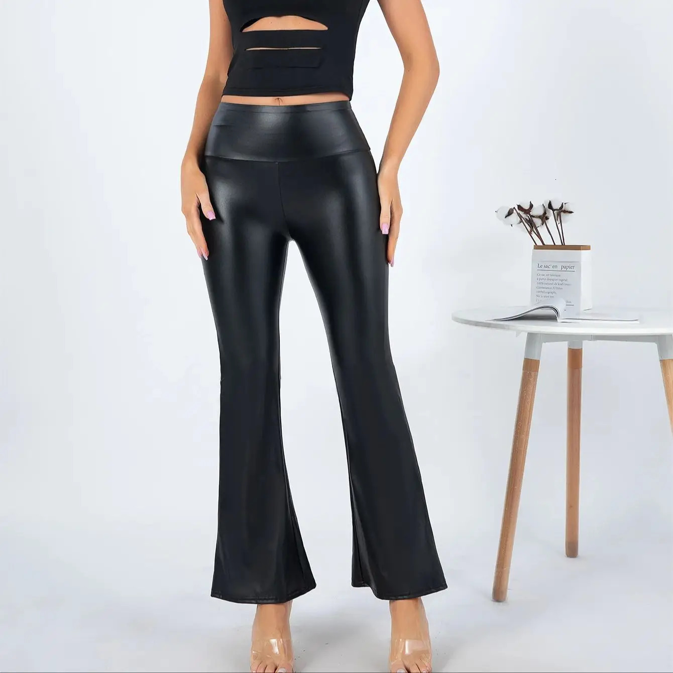 Europe And The United States Fashion Slimfit Elastic Leather Flared Pants Women High Waist Belly Black Tight Pants Woman 250305