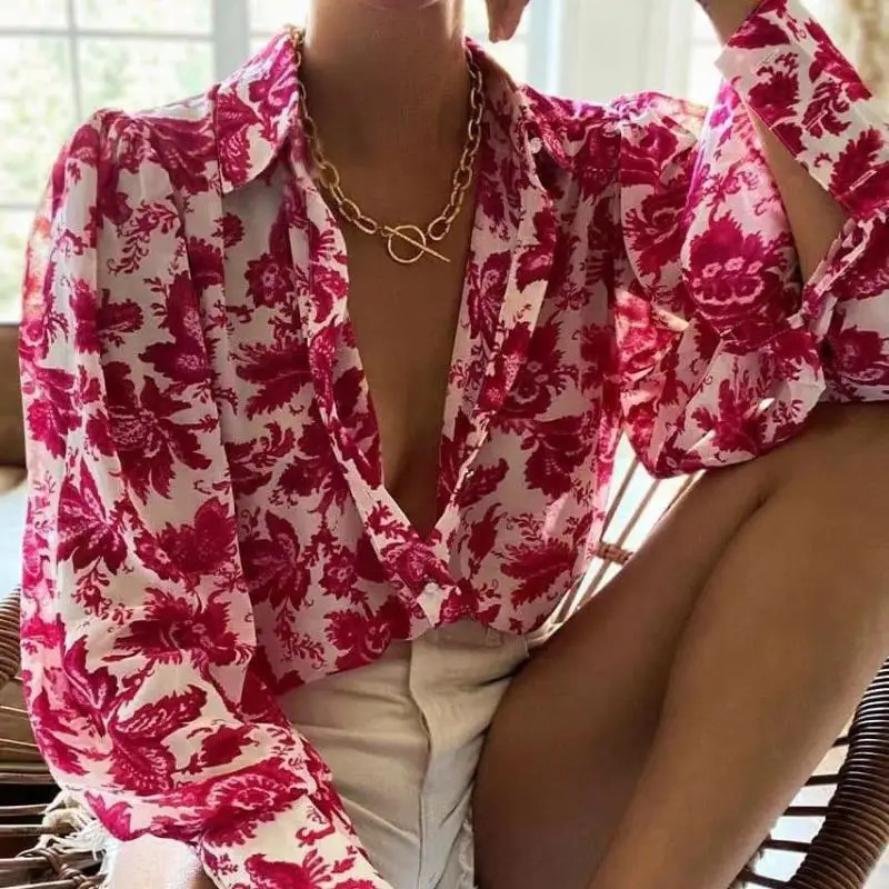 Stylish Long Sleeve Floral Print Chiffon Shirts Women Elegant Loose Blouse Button Up Casual Lady Blouses Vintage Tops 8638 250310