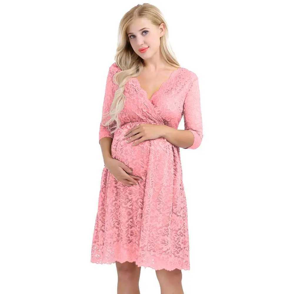 Womens Maternity Elegant Party Dress Floral Lace Overlay V Neck Half Sleeve Pregnant Photography Dresses for Wedding EveningT250311