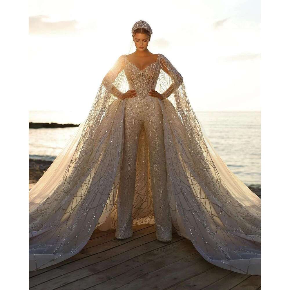 Beaded Wedding Dresses with Detachable Train, Long Sleeves, Lace Crystal Dress, Custom Made, Stunning and Bridal