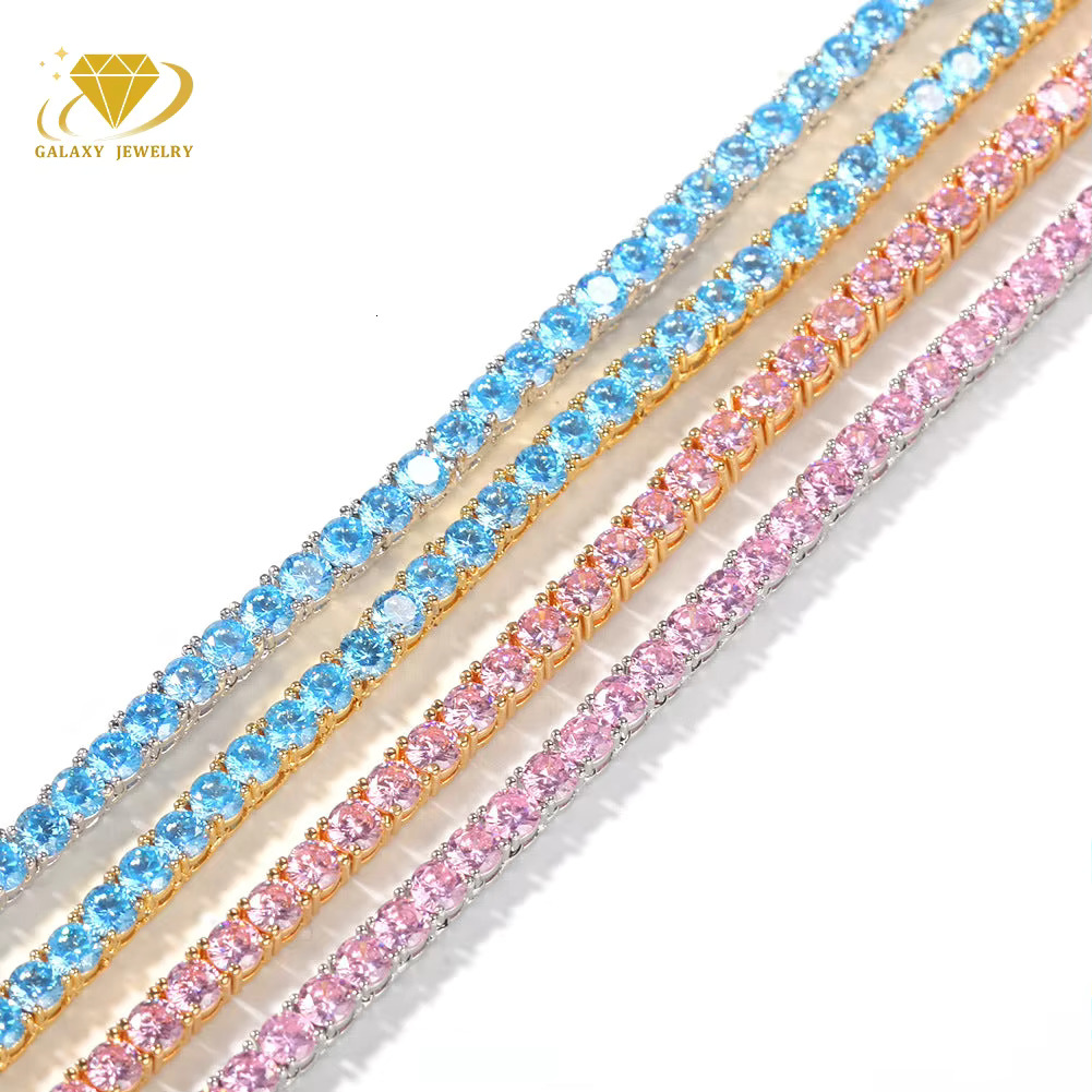 2-6mm Hiphop Sier Pink Bracelet Iced Out GRA Certified Mossanite Jewelry Necklace Rainbow Moissanite Tennis Chain