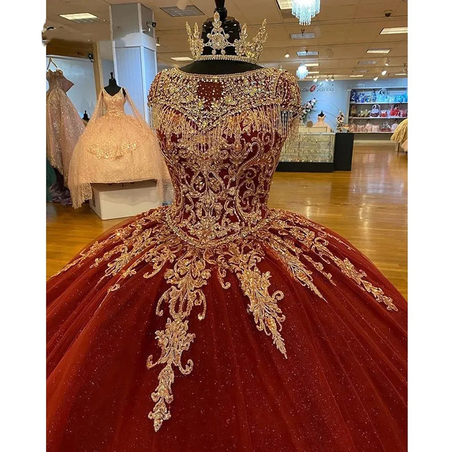 Tulle Ball Red Princess Gown Quinceanera Dresses 2025 Gold Lace Appliques Corset Prom Party Gowns Vestido De 15 Anos s