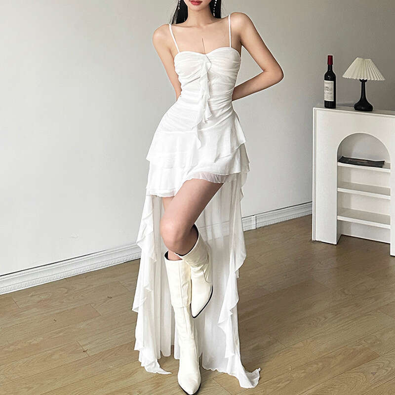 European and American style summer women's solid color slim fit high waist fashionable one collar camisole dress 2025 new casual versatile fashio