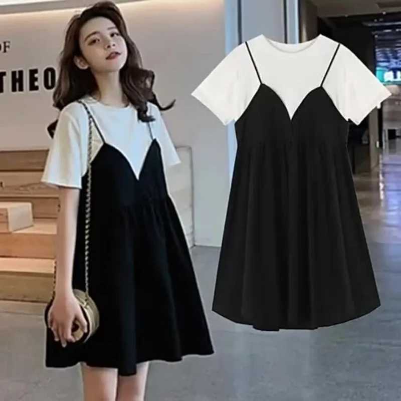 Summer Maternity New Fashion Casual Dresses Summer Mid-Length Maternity Tops Loose False Two-Piece Short-Sleeved Halter DressesT250311