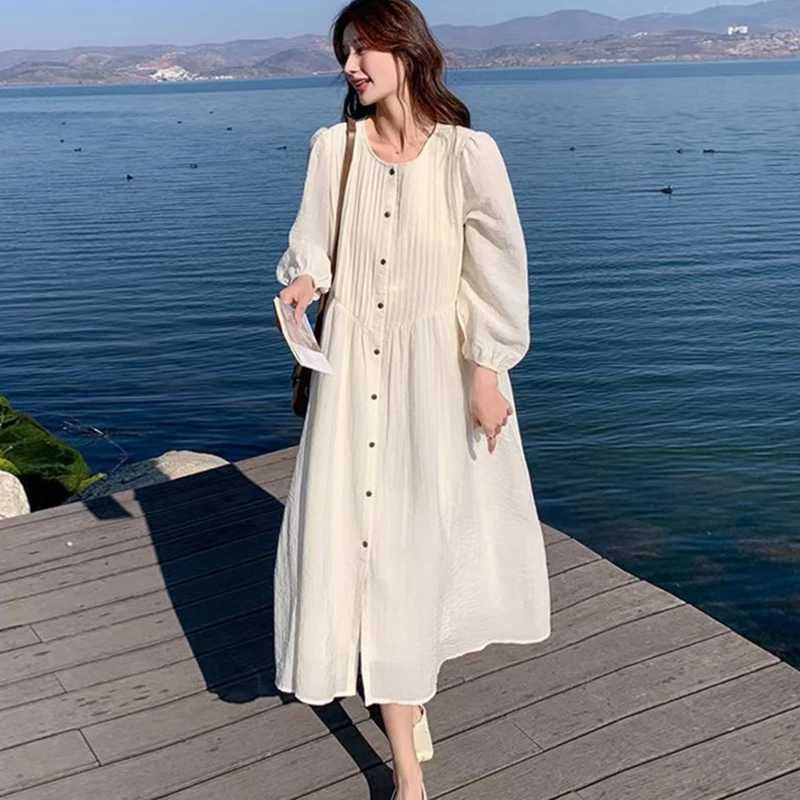 2025 Spring Maternity Holiday Clothes Plus Size Pregnant Woman Long Sleeve Beach Dresses Single-breasted Pregnancy Shirts DressT250311