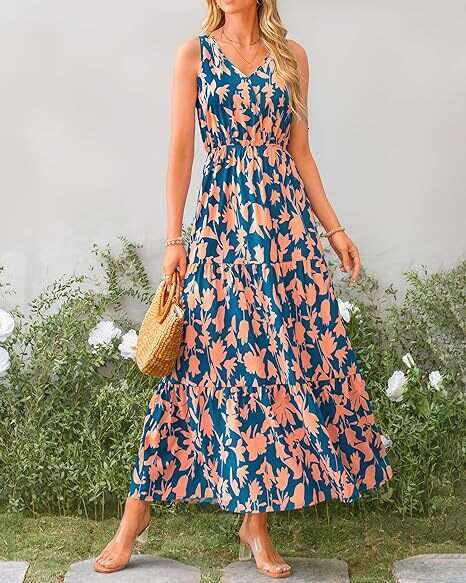 popular European American women's V-neck elastic waist casual sleeveless printed dress 2025 new style chic and elegant clothing