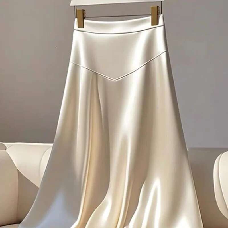 Spring Autumn Elegant Temperament Solid Color Satin Women Clothes Simplicity Office Lady All-Match A-E Skirt