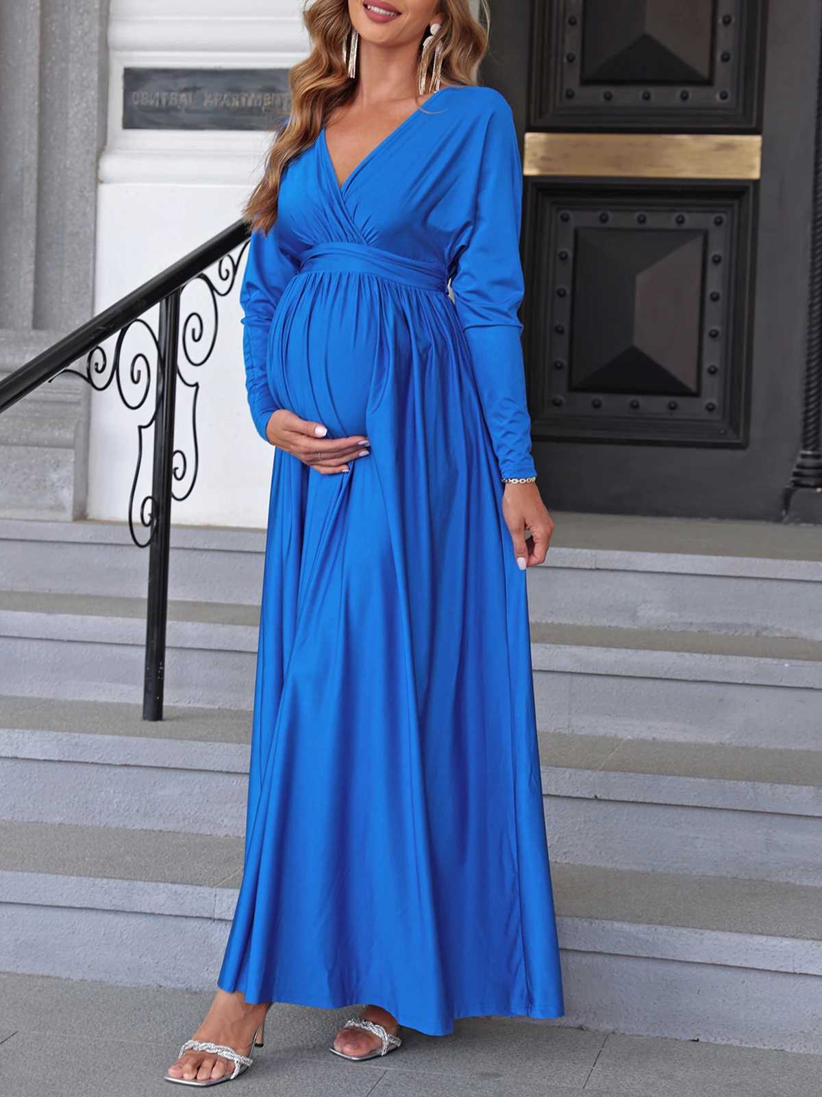 ItsRoya Solid Casual Maternity Dress Pleated Long Sleeves Pregnant Women Dresses Elastic Simple V Neck Photography Props DressT250311