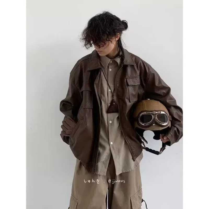 Motorcycle Leather Jacket Men Bomber Pilot Retro Loose Pu Short Coat Japanese Casual Streetwear Multi Pocket Trend Outwear NewT250311