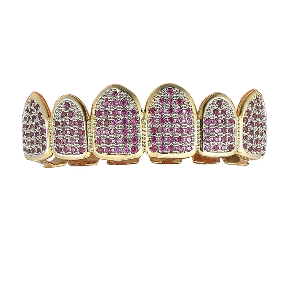Hiphop Iced Out Rose Red 5A Zircon Teeth Grillz for Unisex Rapper Mouth Gold Silver Cubic Zirconia Tooth Grills 6/6 Top Bottom 250303