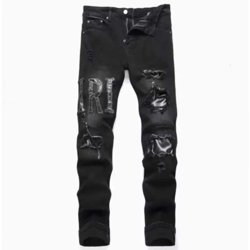 2025 Korean Embroidered Jeans With Pure Black Letter Pattern Fashion Designer Men s High Waist Slim Fit Elastic Denim Pants Tight Casual Pants