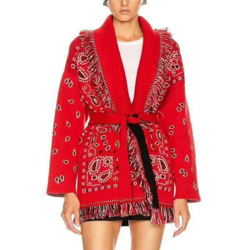 Winter Geometric Jacquard Bohemian Wool Cashmere Coat Loose Medium To Long Knitted Cardigan For Women