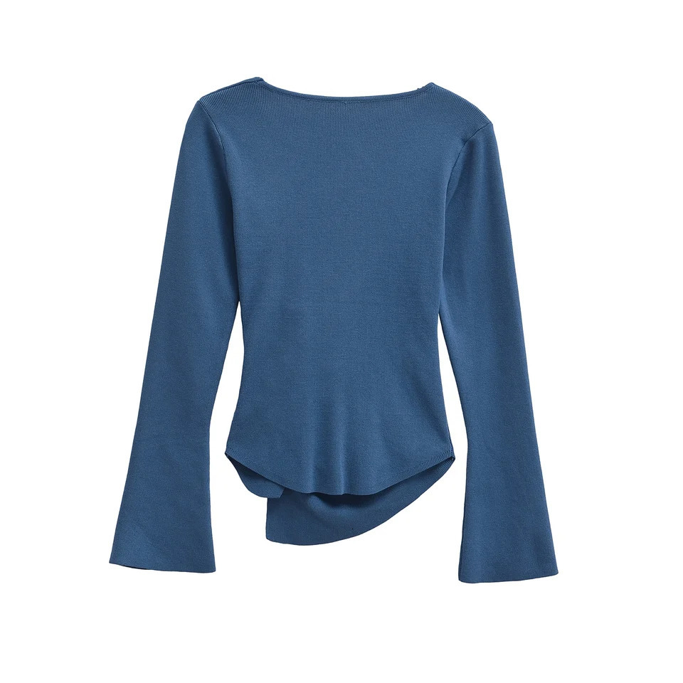 TRAFSHE Asymmetrical Knitted Sweater Blue Brown Knitwear Autumn Womens Pleated Long Sleeve Top Ladies Elegant 3820152 250311