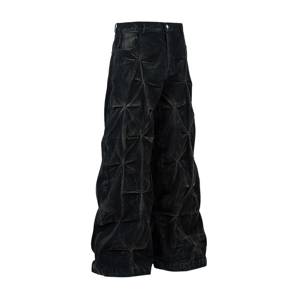 Jiayiku Men's 2025 Spring New American High Street Irregular Wrinkle Washed Jeans RO Style Wide Leg Pants