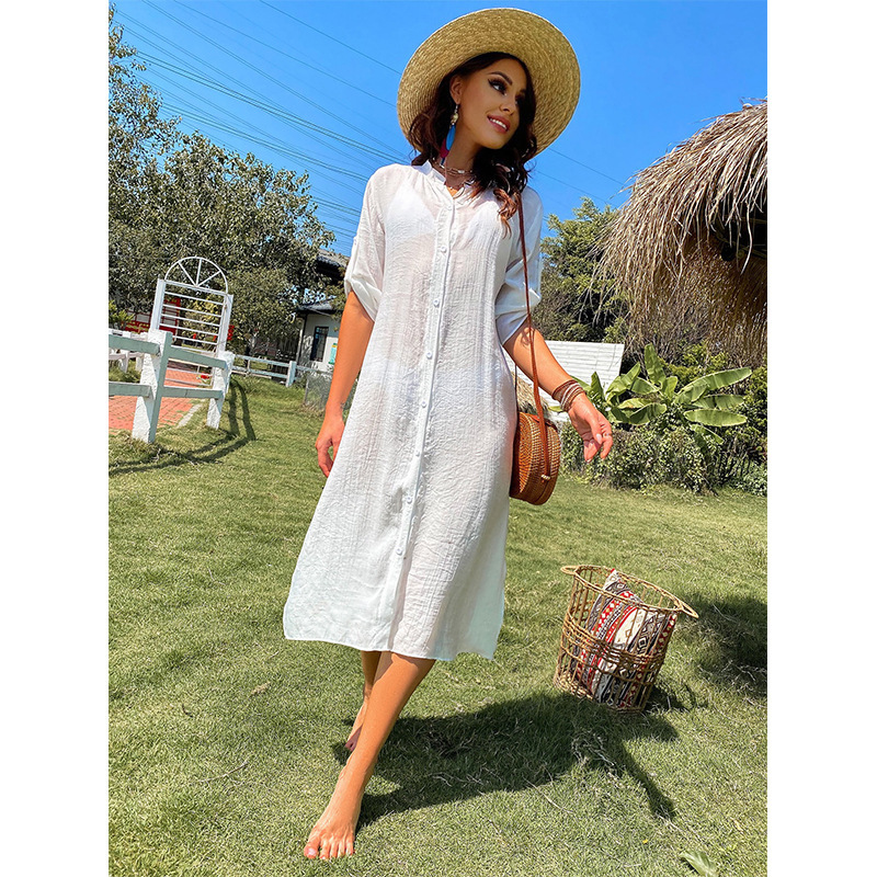 Vacation Jacket Solid Color Loose Breathable Casual Sleeved Shirt Sunscreen Cardigan Long Style