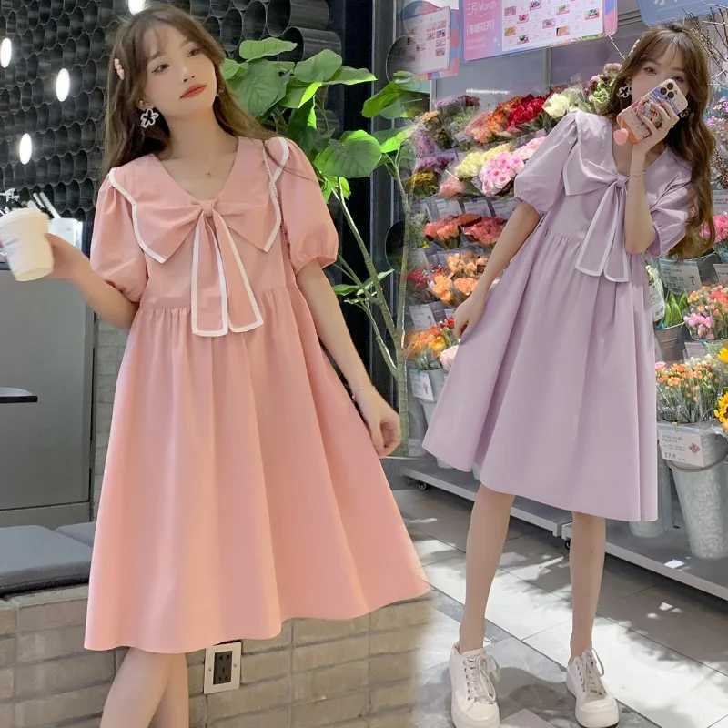 2024 Summer Maternity Dress Sweet Bow Big Lapel Clothes for Pregnant Women Fashion Short Sleeve A Line Loose Pregnancy DressesT250311