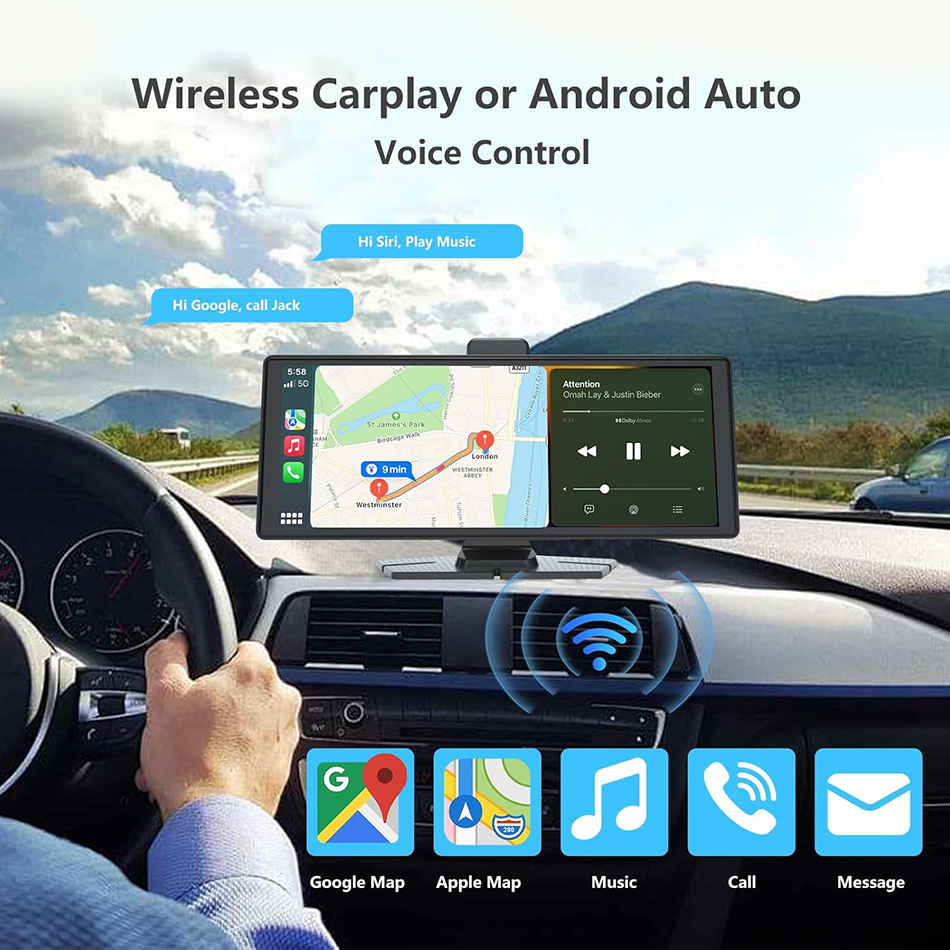 10.26'' Wireless CarPlay & Android Auto Screen for with 4K Dash Cam, 1080p Backup Camera, Bluetooth, GPS Navigation, Voice Control, Mirror L