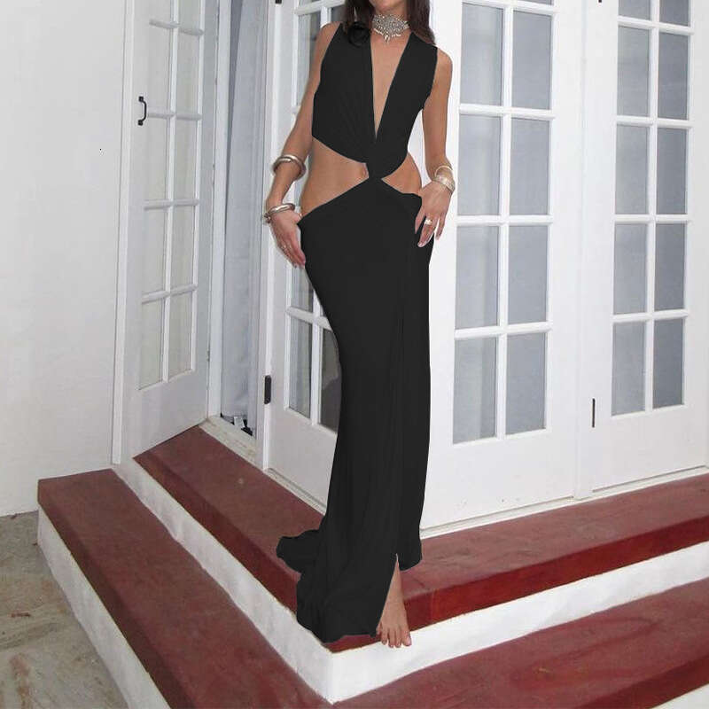 2025 Spring Women's Fashion Hollow Knot Slit V-Neck Sleeveless Pleated Irregular Dress KLMY