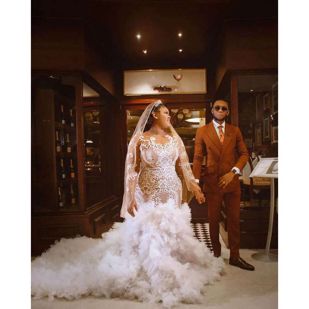 o The neck mermaid dresses female plus size full sleeve lace layered ruffled wedding dress