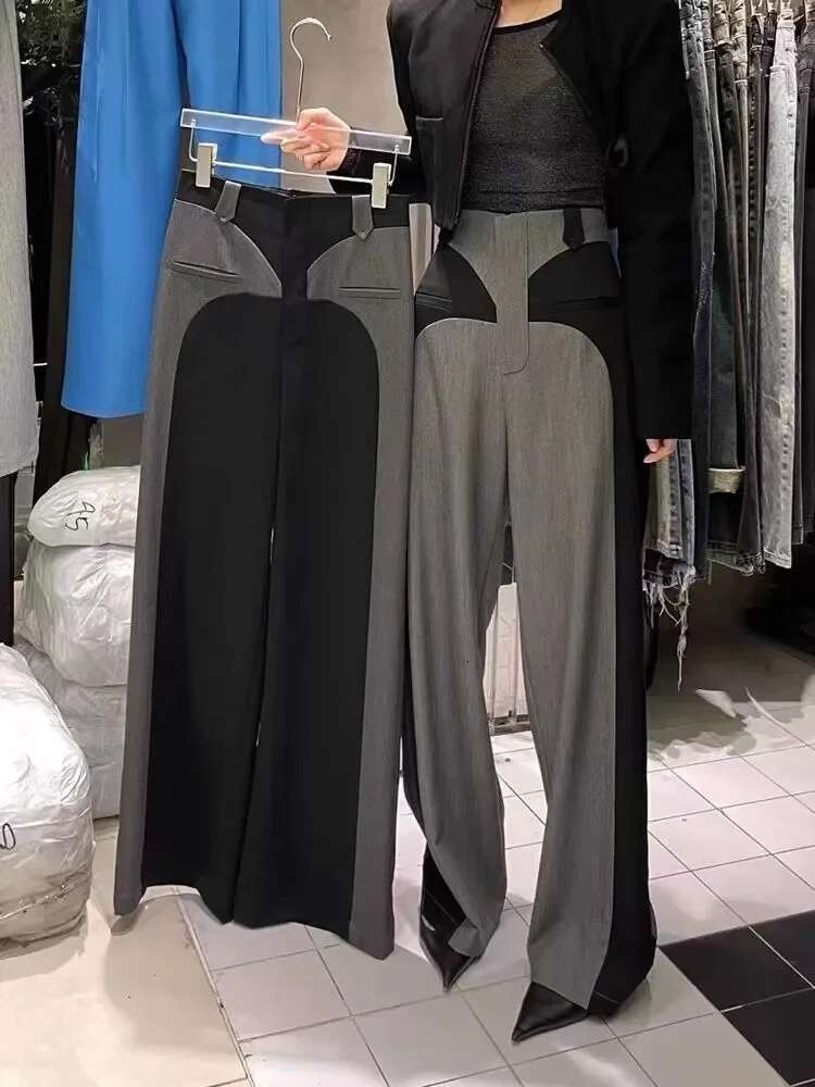 Chesut Spring Newdesign Sense Color Contrast Patchwork Suit Women's High Waist Slimming Loose Wide Leg Mop Pants