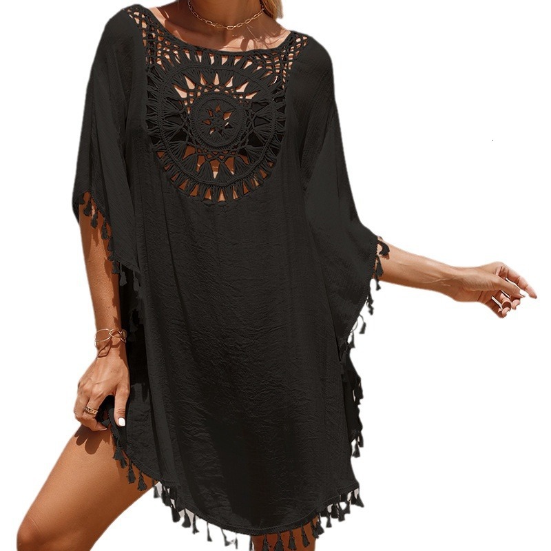 Vacation Hand Hook Solid Color Patchwork Skirt With Small Tassel Sun Protection Short Sexy Beach Cover Up