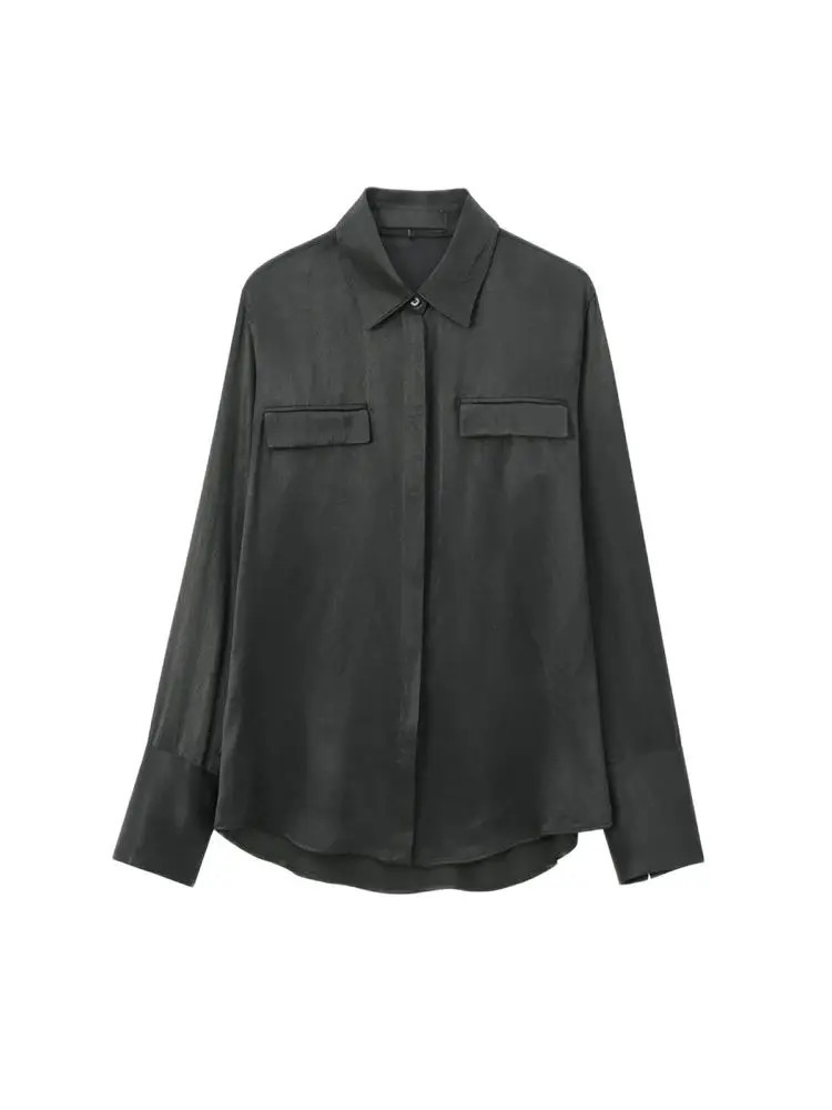 TRZASatin Shirts with Pockets for Women Long Sleeve Buttonup Female Blouses Chic Tops Fashion 250311