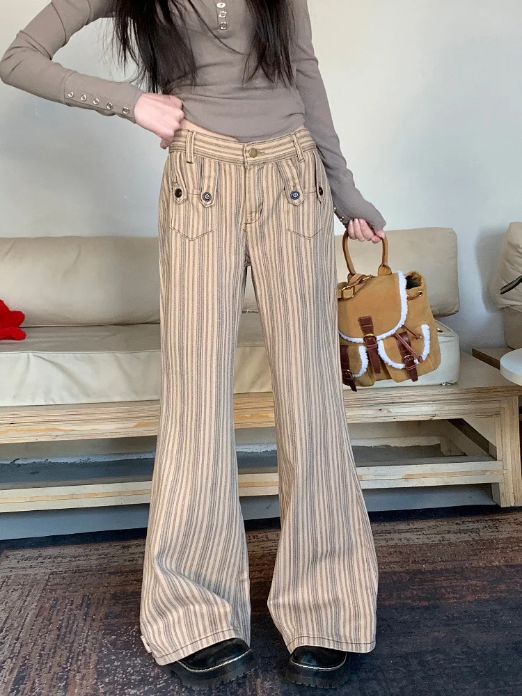 Clothing Y2K Fashion sweet Khaki Slim Striped Flare Jeans Pants For Women Clothes Korean Casual Lady Trousers Femme 250311
