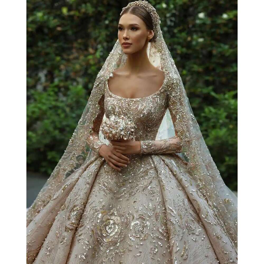 uoso sequin dresses ball gown spoon neck pure sleeve beads sequins wedding dress custom