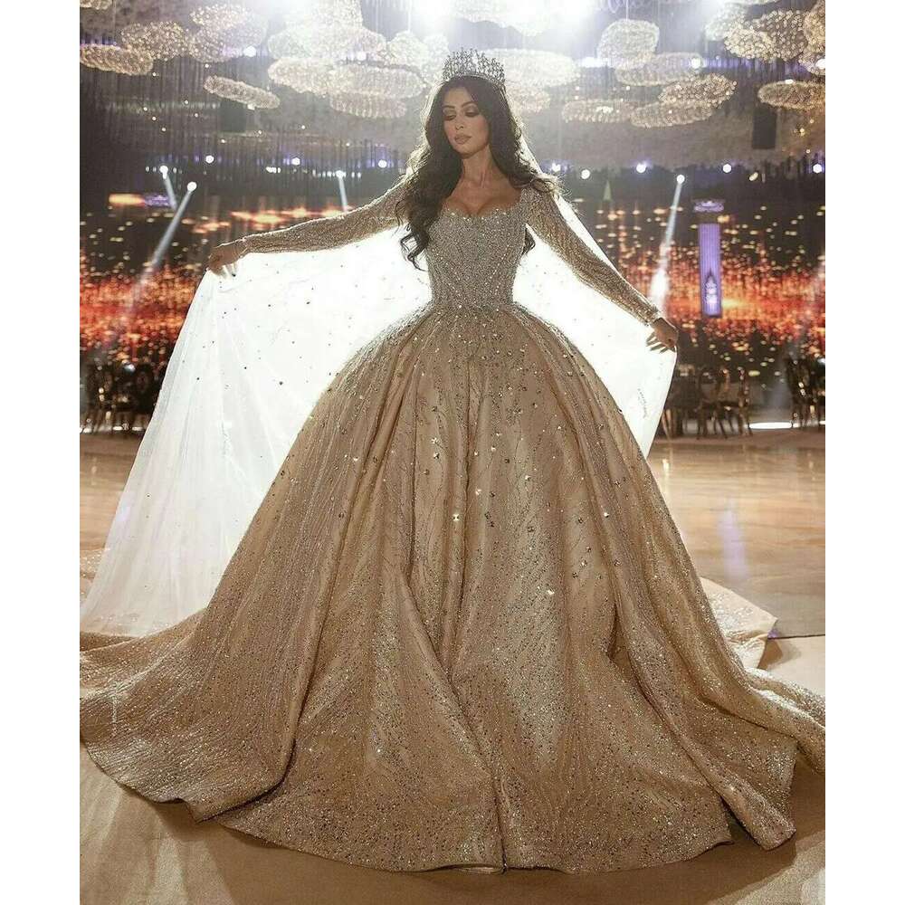 Vase dress, champagne, 2020, long sleeves, lace appliques, plus size, wedding dress