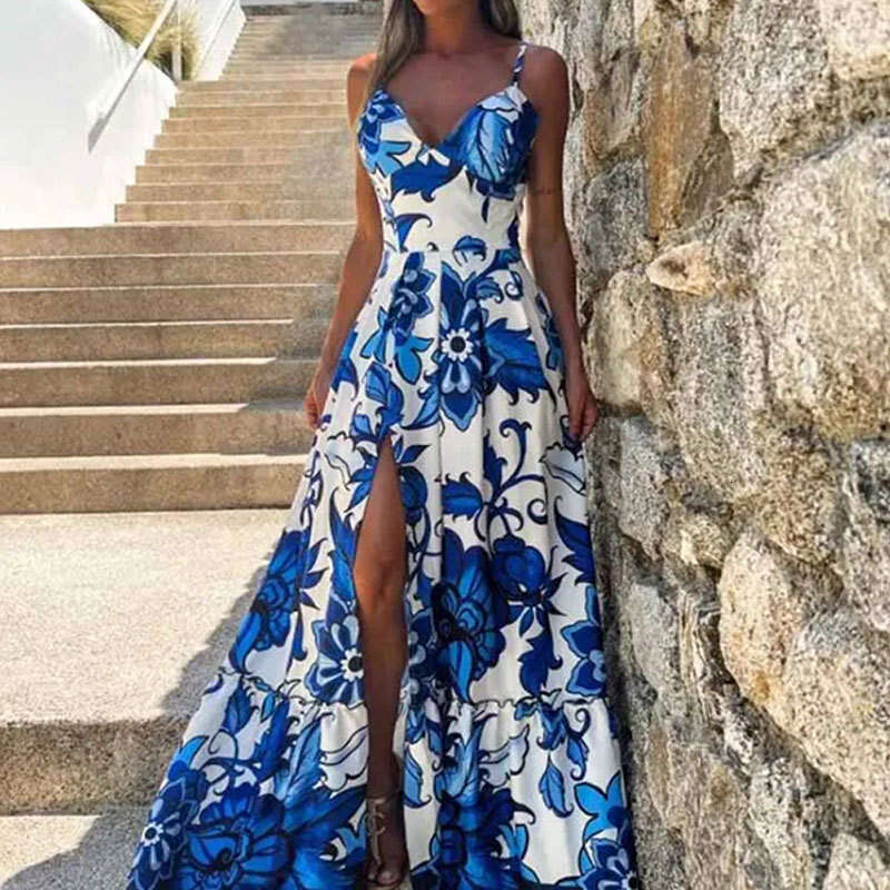 2025 Spring Women's Casual Fashion Printed V-Neck Strap Splicing Split Large Swing Dress KLMY