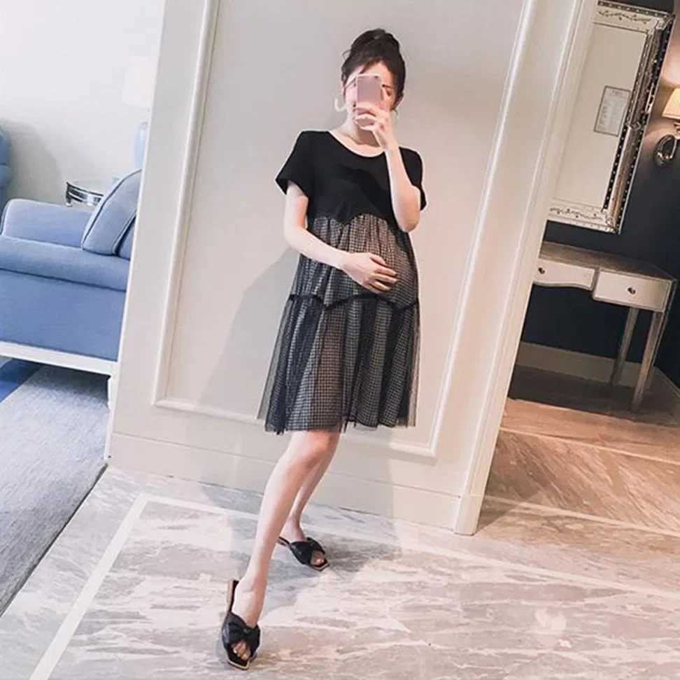 Fashion Maternity Dresses Summer Double Layer With Lace Dress A-line Skirt Loose Short Sleeve Clothes Pregnant Women ClothingT250311