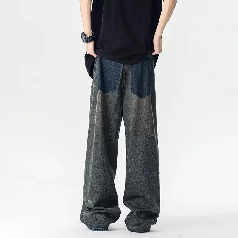Spring American Retro Ripped Wide Leg Mens Jeans High Street Fashion Distressed Baggy Denim Pants Casual Y2K 250311