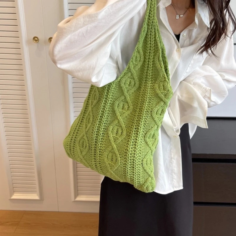 Wool Knitted Shoulder Shopping Bag for Women Vintage Cotton Cloth Girls Tote Shopper Bag Large Female Handbag Crochet Bag R250311