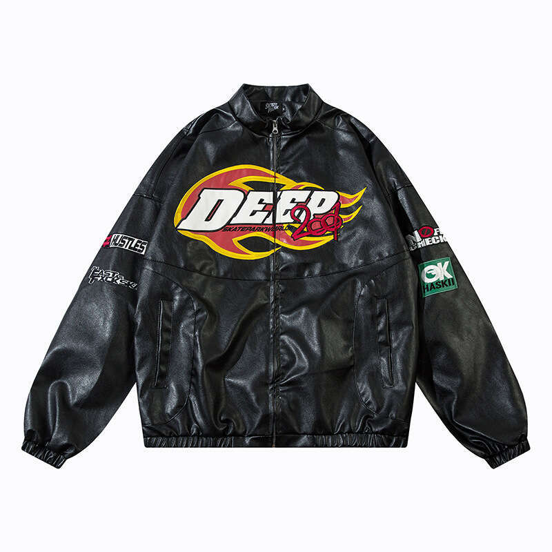 American Flame PU Leather Jacket Men's Trendy Loose Design Racing Suit Collection 2