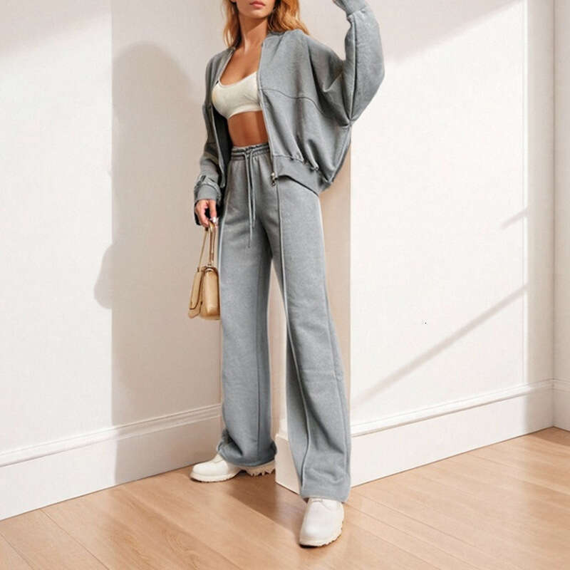 2025 New Solid Color Zipper Open Knitted Sweater Sportswear Fashion Casual Clothing Spring Women's Set KLMY