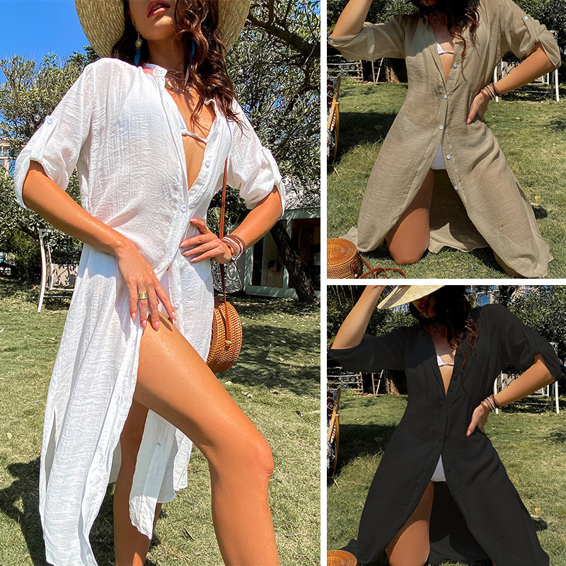 Vacation Jacket Solid Color Loose Breathable Casual Sleeved Shirt Sunscreen Cardigan Long Style