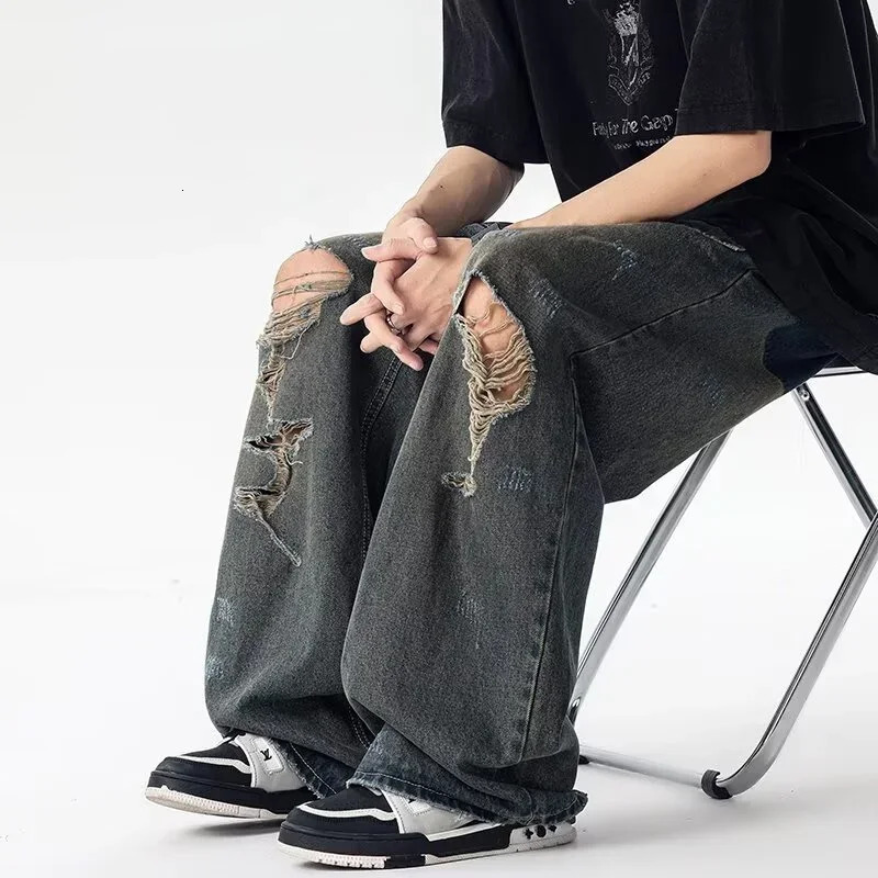 Spring American Retro Ripped Wide Leg Mens Jeans High Street Fashion Distressed Baggy Denim Pants Casual Y2K 250311