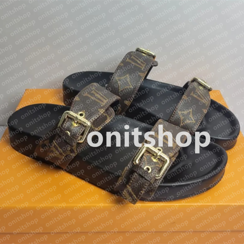 TOP Quality sandal Bom Dia Designer Slipper Genuine Leather Sandal Slipper Casual Shoe Summer Beach Gladiator Mules Hasp New Womans Flat Slide Sliders Sandale