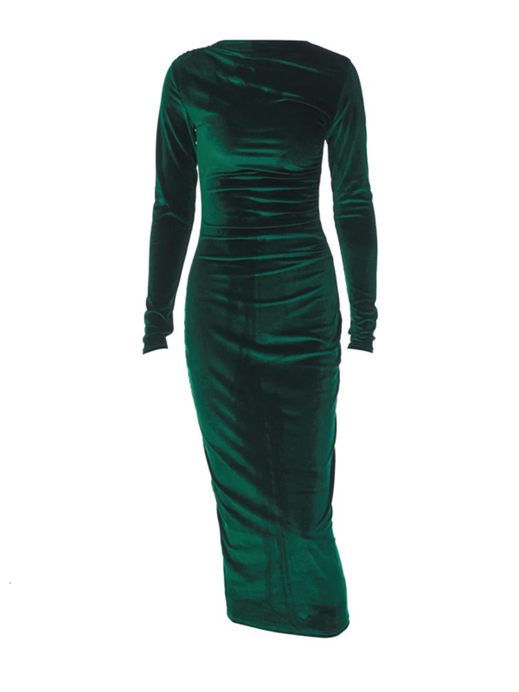Dulzura Spring Summer Velvet Long Sleeve Midi Dress For Women Ruched Elegant Party Clothes Evening Green Outfits 250311