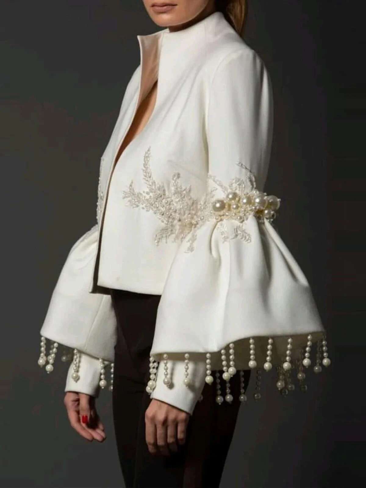 Women Tassel Jacket Fashion Elegant Stand Collar Pearl Fringed Decor Embroidery Flare Sleeve Coat Autumn Winter Outwear