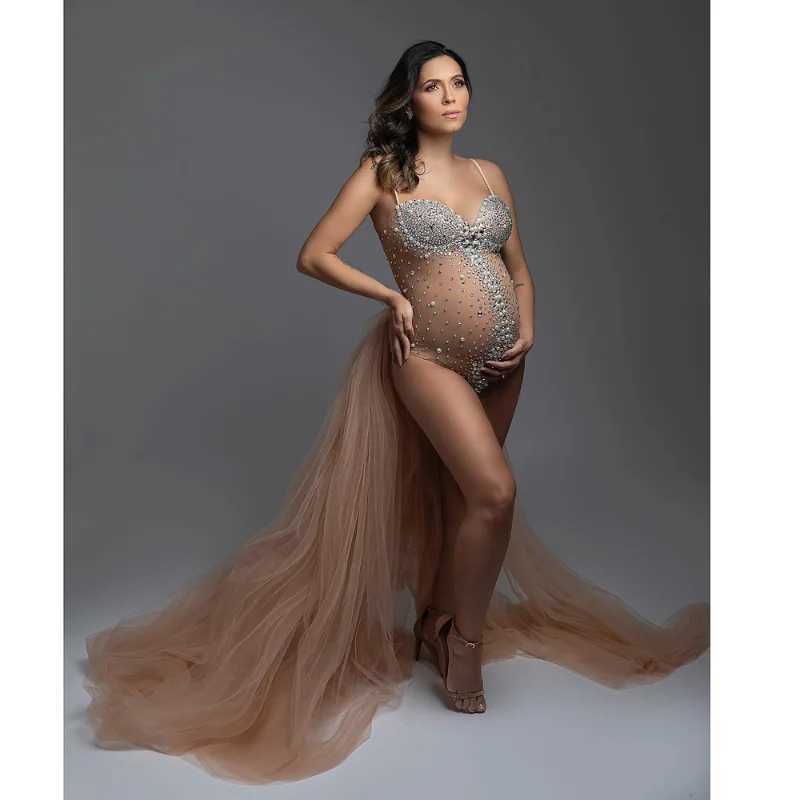 Fashion Tull Pearl Stretch Bodysuit Pregnancy Photography Slip Rhinestones Jumpsuits Maternity Dress for Women Photo Shoot Prop X2502241
